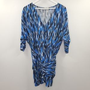 Thakoon Addition Blue Watercolor Printed  3/4 Sleeves Cocktail Mini Dress V-Neck